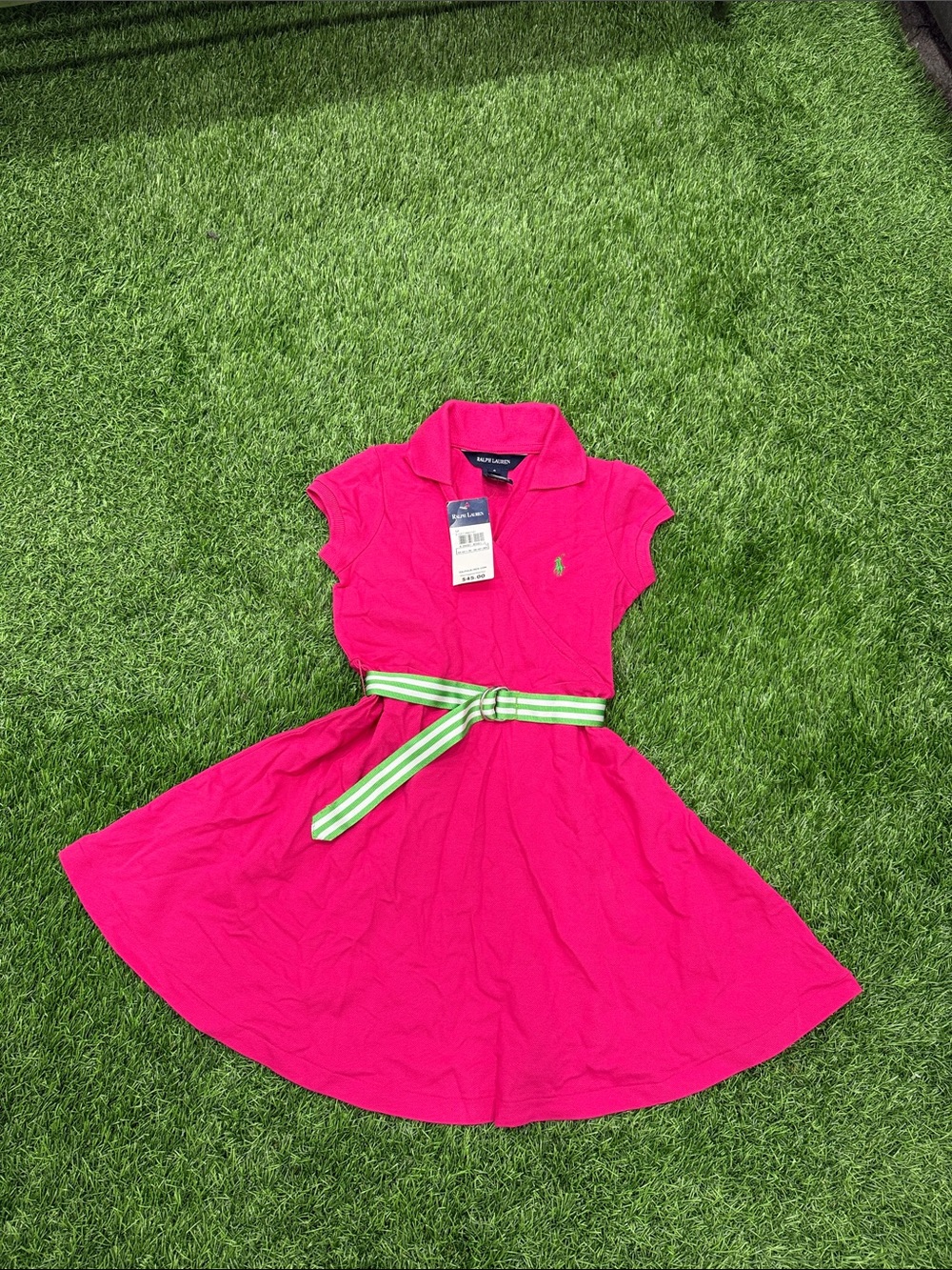 Ralph Lauren Hot Pink Polo Dress with Green-Striped Belt